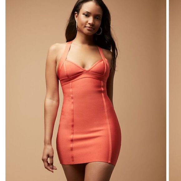 Herve Leger x Forever 21 One Shoulder Cutout Mini Dress Coral Orange NWT - Picture 1 of 16